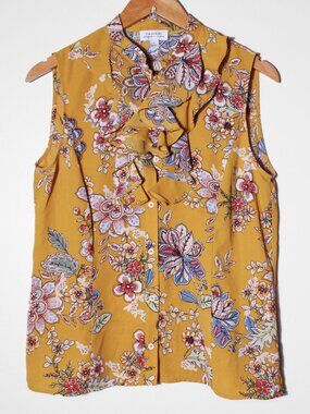 Tahari ASL Sleeveless Mustard Yellow Floral Sleeveless Button Down Top Boho S
